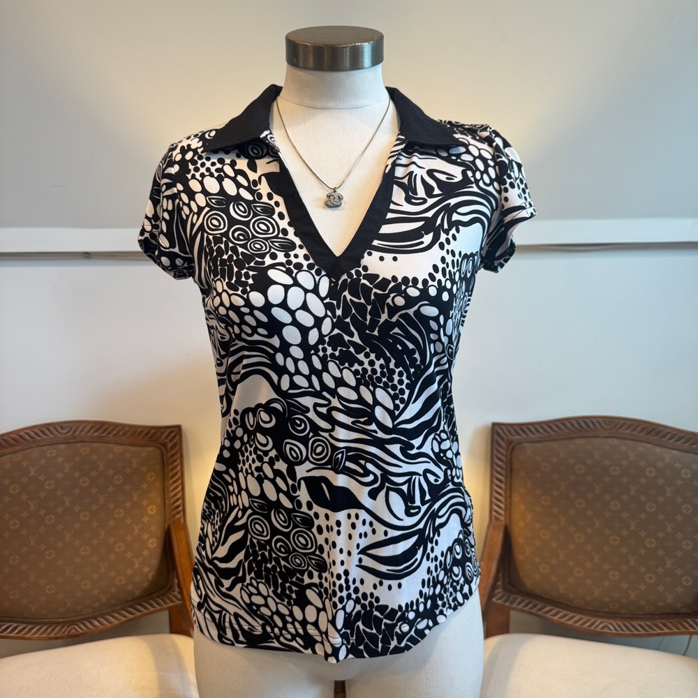 BUGATCHI Women's Silk Polo Shirt, Black & White Abstract Print AOP, Size M